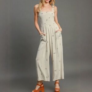 NWT UMGEE Bohemian Cream Embroidered Bow Linen Jumpsuit S M L